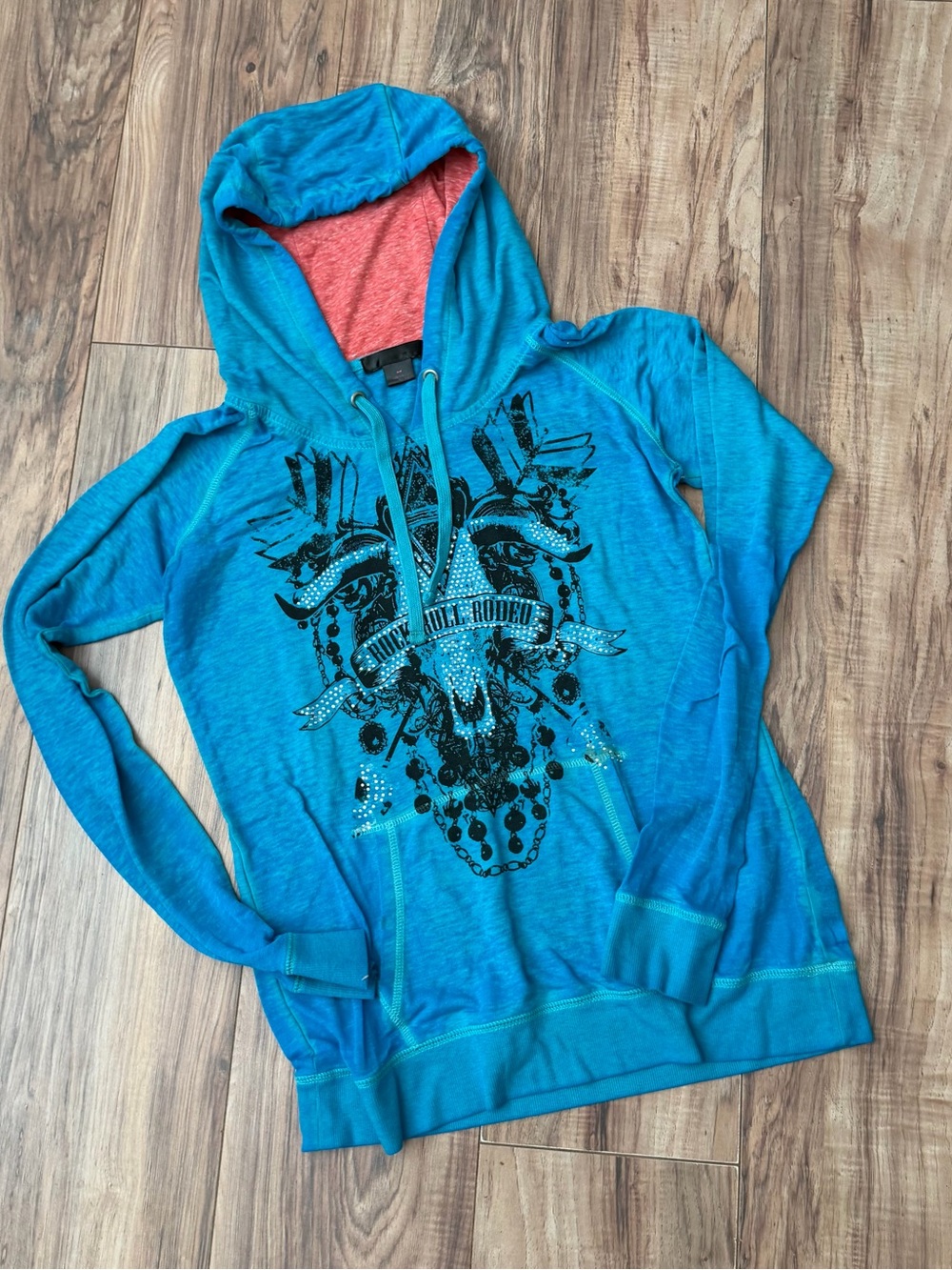 Rock & Roll Cowgirl Teal / Turquoise T Shirt Hoodie with Coral Lined Hood